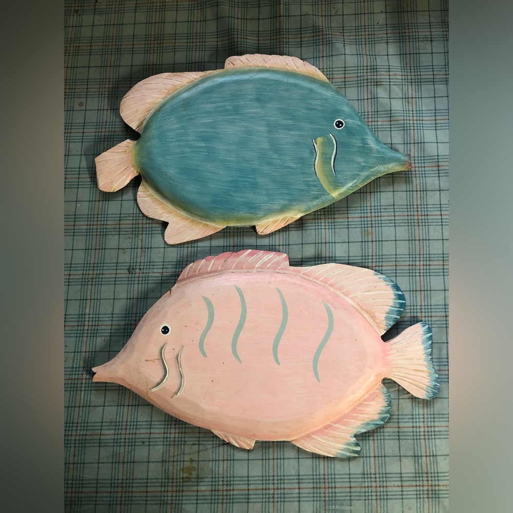 Set Of 2 Wood Fish Nautical Beach Wall Decor Wooden Hanging Coastal Wall Art